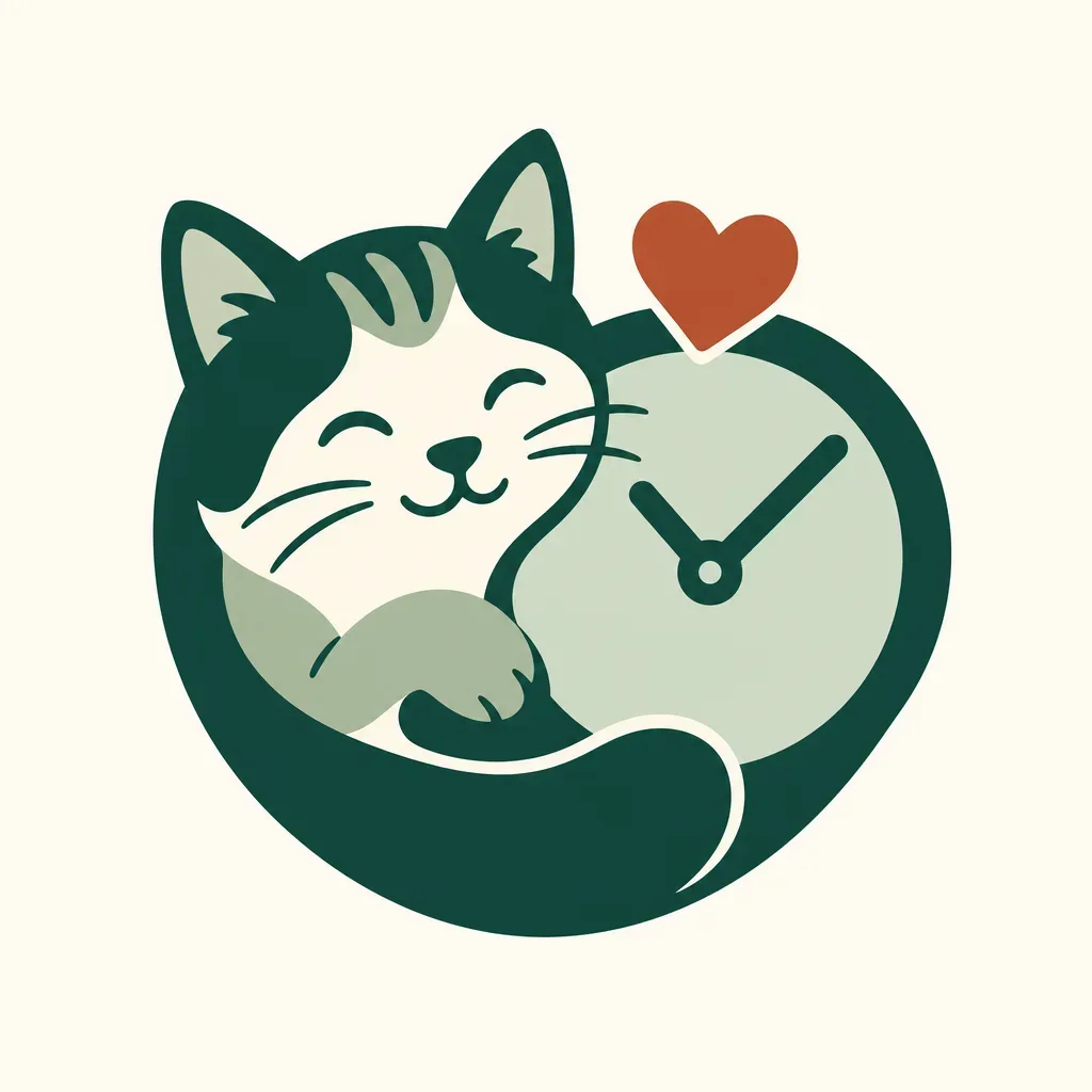 Green cat curled beside a clock with a terracotta heart