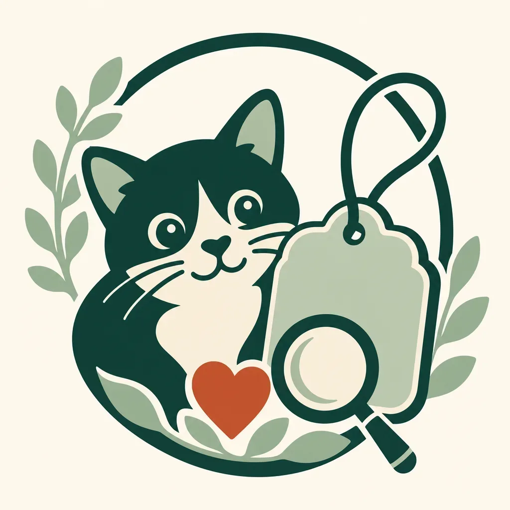 Cat beside a blank name tag and magnifying glass