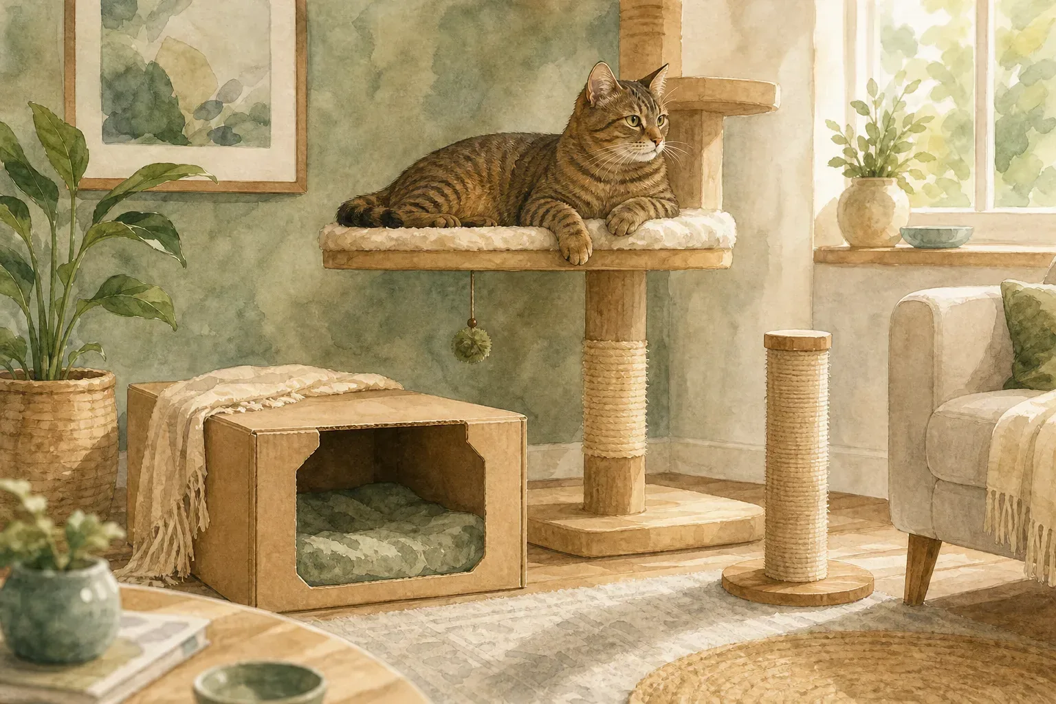 Watercolor illustration of a tabby resting on a cat tree beside a cardboard hideaway and scratching post.
