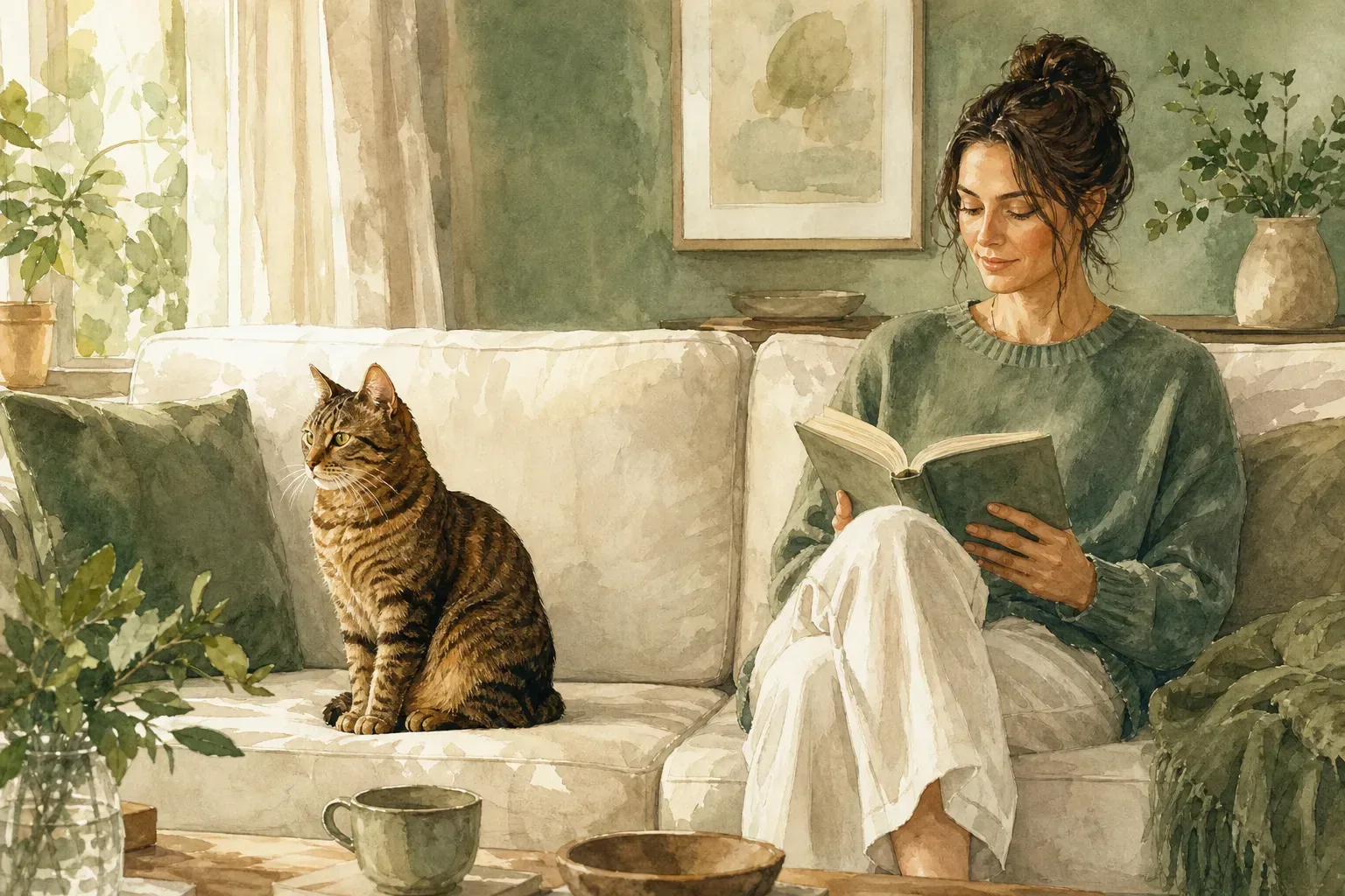 Watercolor illustration of a tabby sitting beside a person reading on a sofa, with space between them.