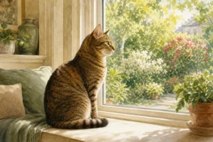 Watercolor illustration of a tabby cat watching a garden from a window perch.