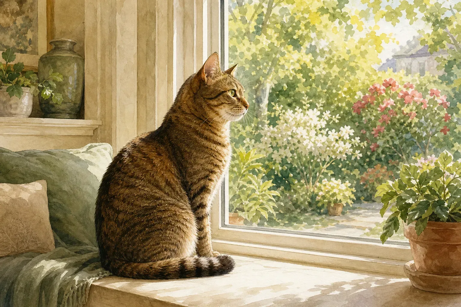 Watercolor illustration of a tabby cat watching a garden from a window perch.