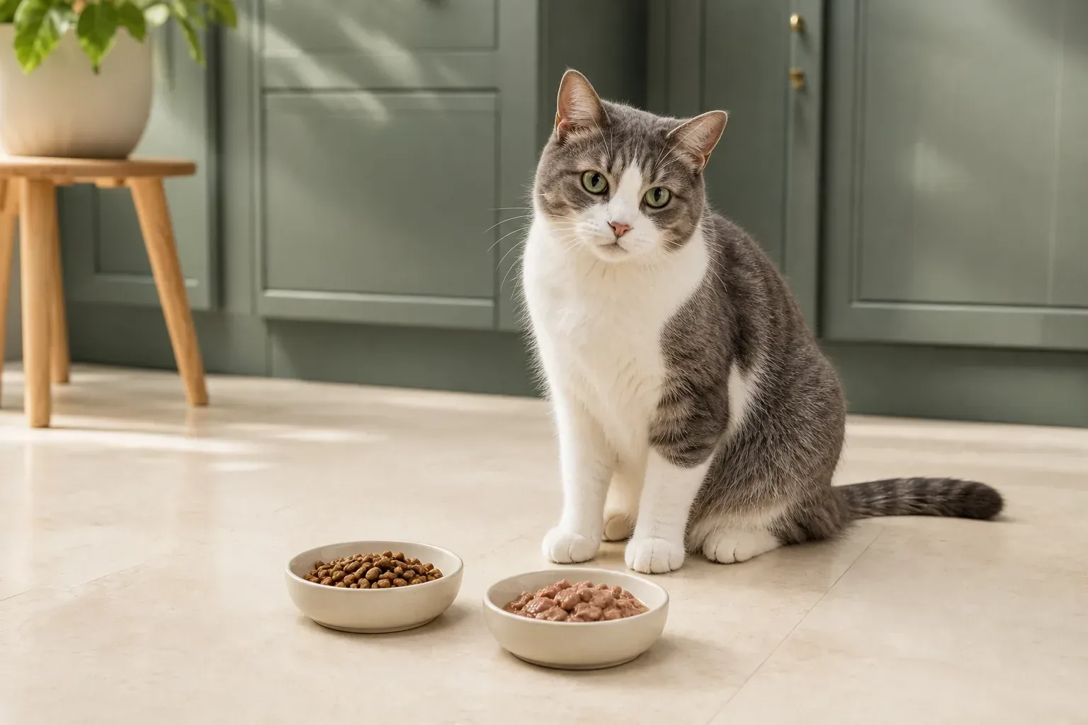 Gray and white cat beside bowls of wet and dry food