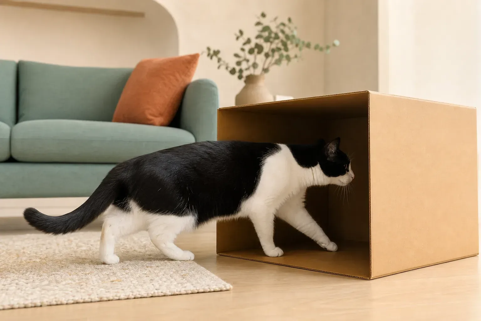 Black and white cat stepping into a cardboard box