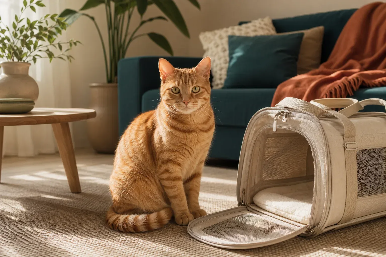 Ginger cat sitting beside an open carrier in a sunlit room