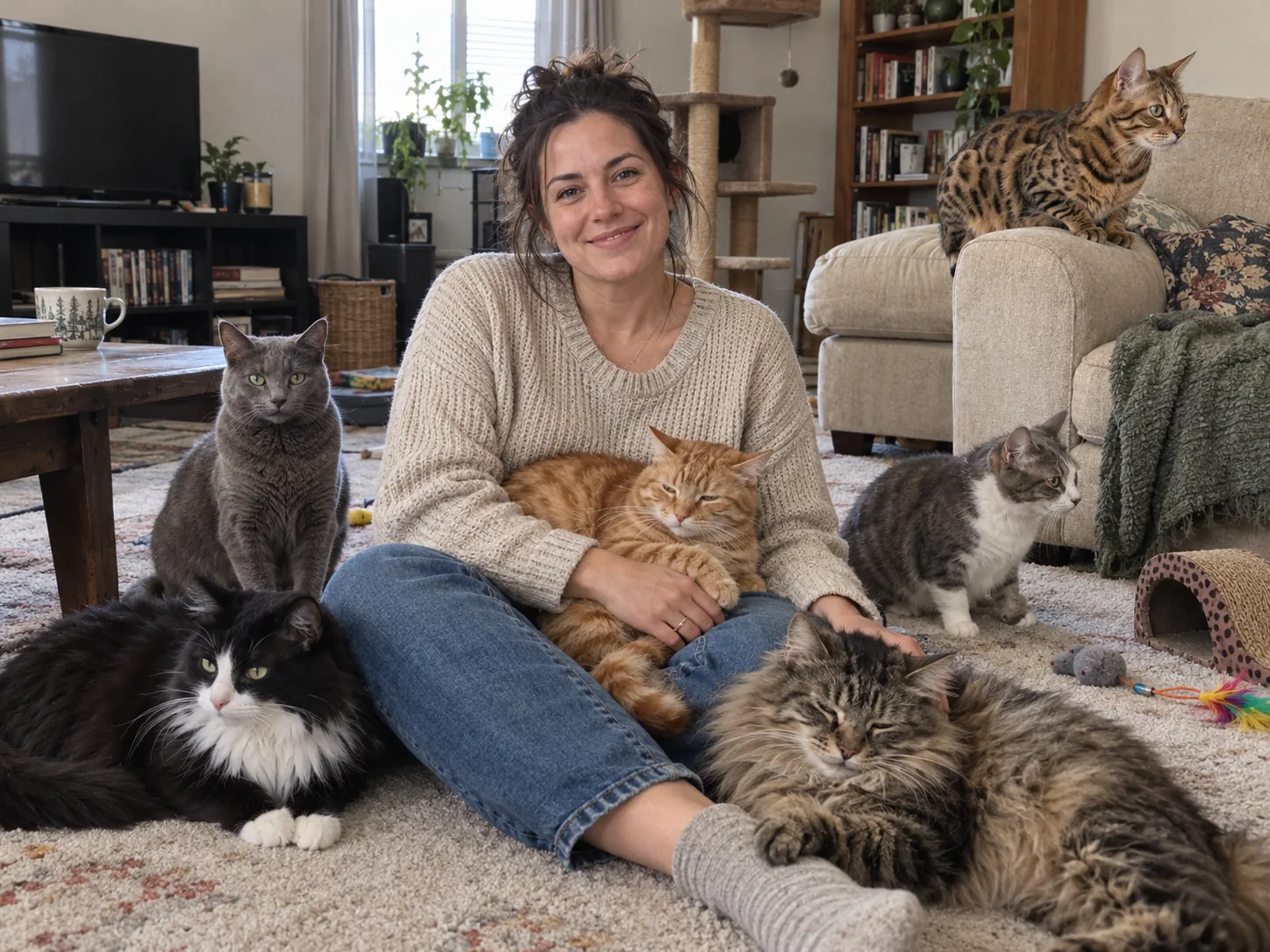 A woman sitting on a living-room rug surrounded by six cats.