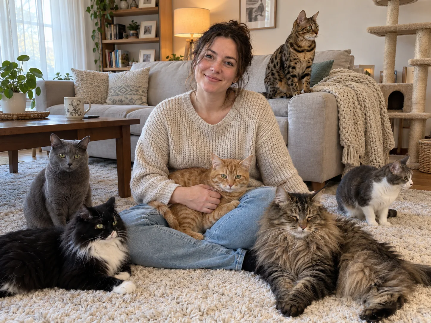 Sophie relaxing at home with six cats.